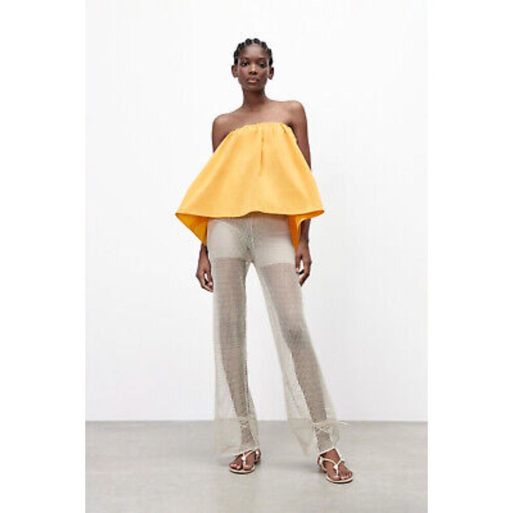 Orange Zara Boho Strapless Elastic Off-the-Shoulder Flounce Pull-On Top (NWT)